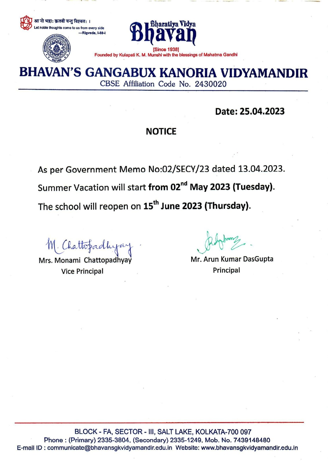 Summer Vacation Notice 2023 24 Bhavan s Gangabux Kanoria Vidyamandir
